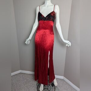 Christian Doucet Vintage 90s Red Satin Maxi Dress Women’s Formal Empire Gown